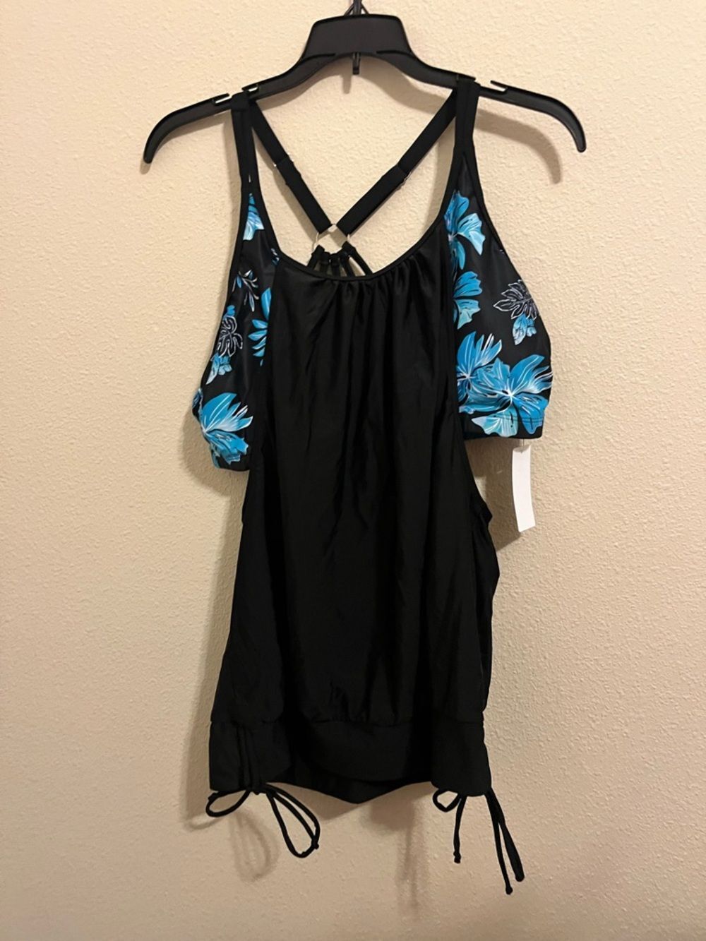 Black Tankini Top with Blue Floral Sleeve Accents by Holipick